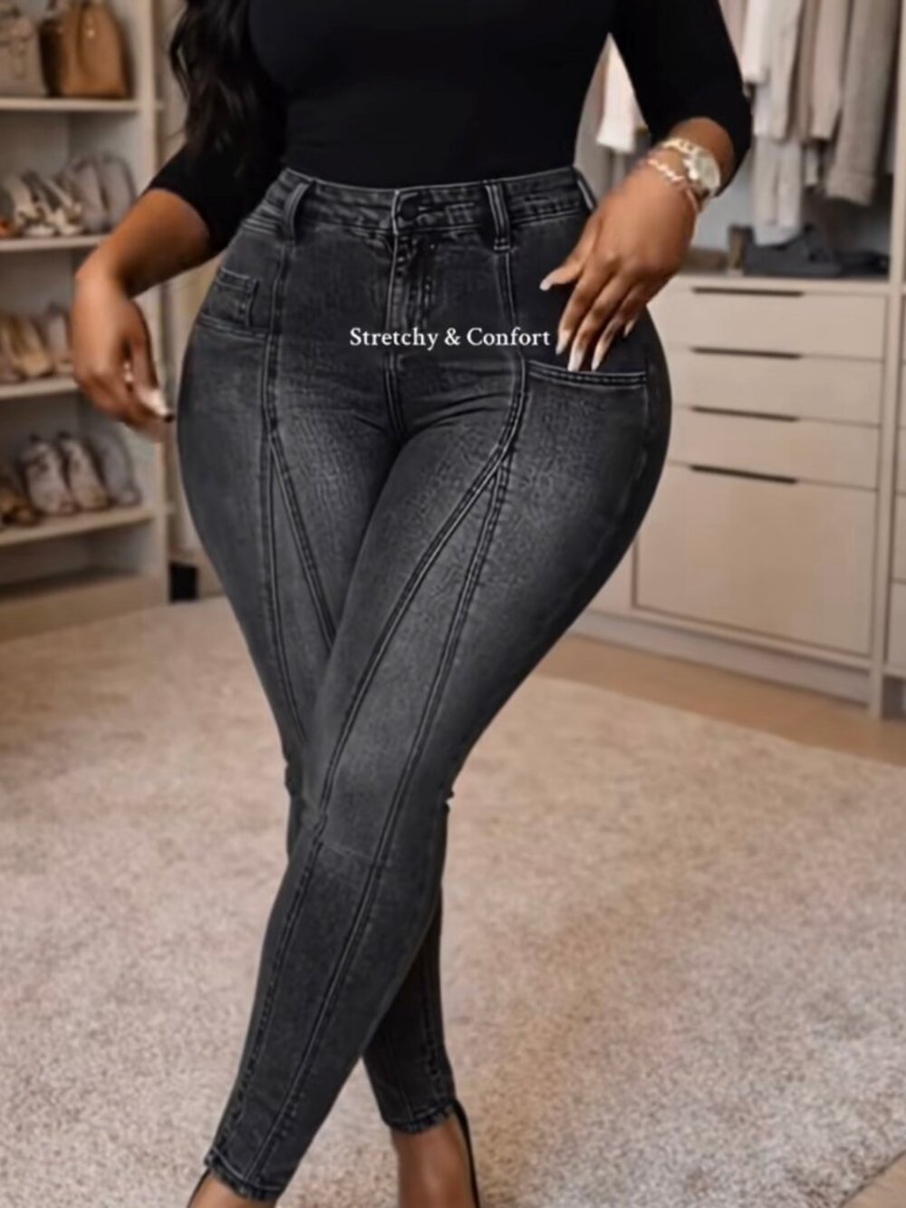 Elengatine Mid Rise Stretch Skinny Jeans Medium Wash Contrast Stitch L New